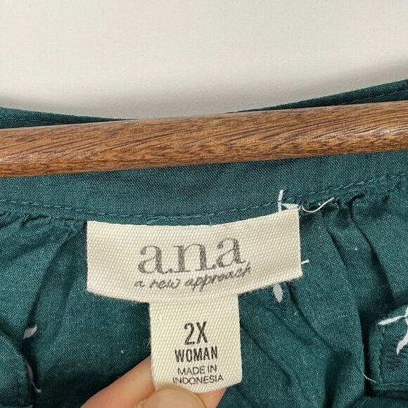 ANA Blouse Womens 2X Plus Green Floral Button Front Relaxed Balloon High Low Top - Picture 7 of 9